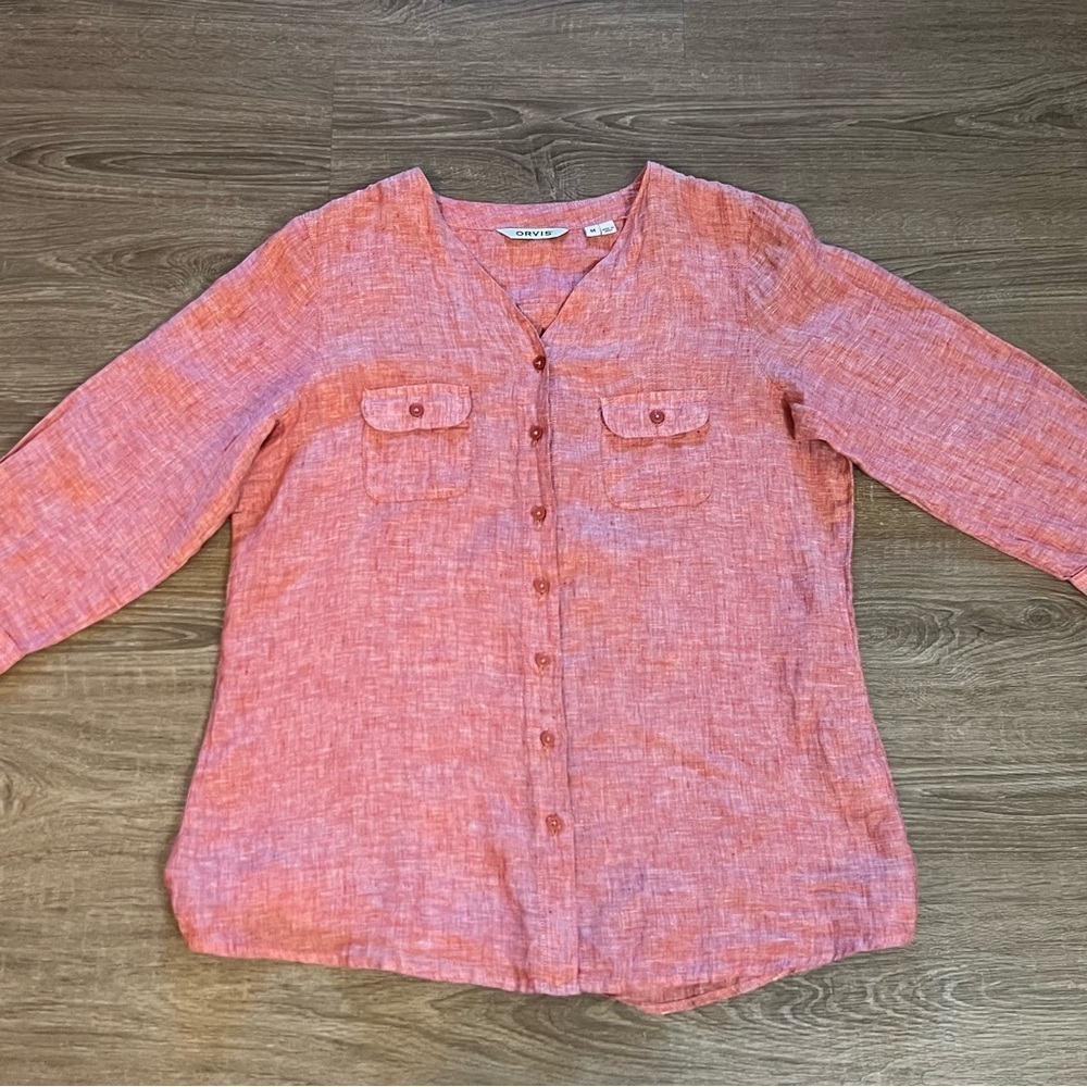 Orvis 100% Linen Shirt Women's M Red Pink 3/4 Sleeve Button Up Casual Blouse Top